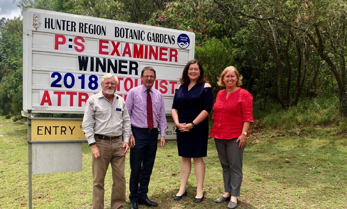 FUNDING: Parliamentary Secretary for the Hunter Scot MacDonald MLC and Liberal candidate for Port Stephens Jaimie Abbott (centre) with Hunter Region Botanic Gardens chairman Ken Page and grants chairperson Susie Satorie.