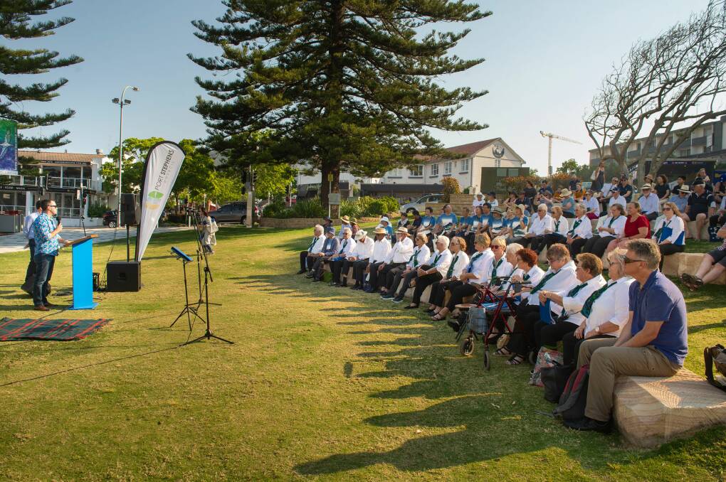Port Stephens Mayor Ryan Palmer addressing attendees to the launch of Tomaree Arts Festival in Apex Park, where $300,000 worth of revitalisation works have now been complete. Picture: Port Stephens Council