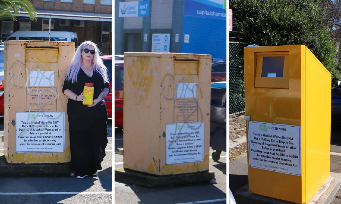 NEW BIN: (Left) Rekell Sullivan near the old, poorly maintained sharps bin (also centre). Right shows the new sharps bin.