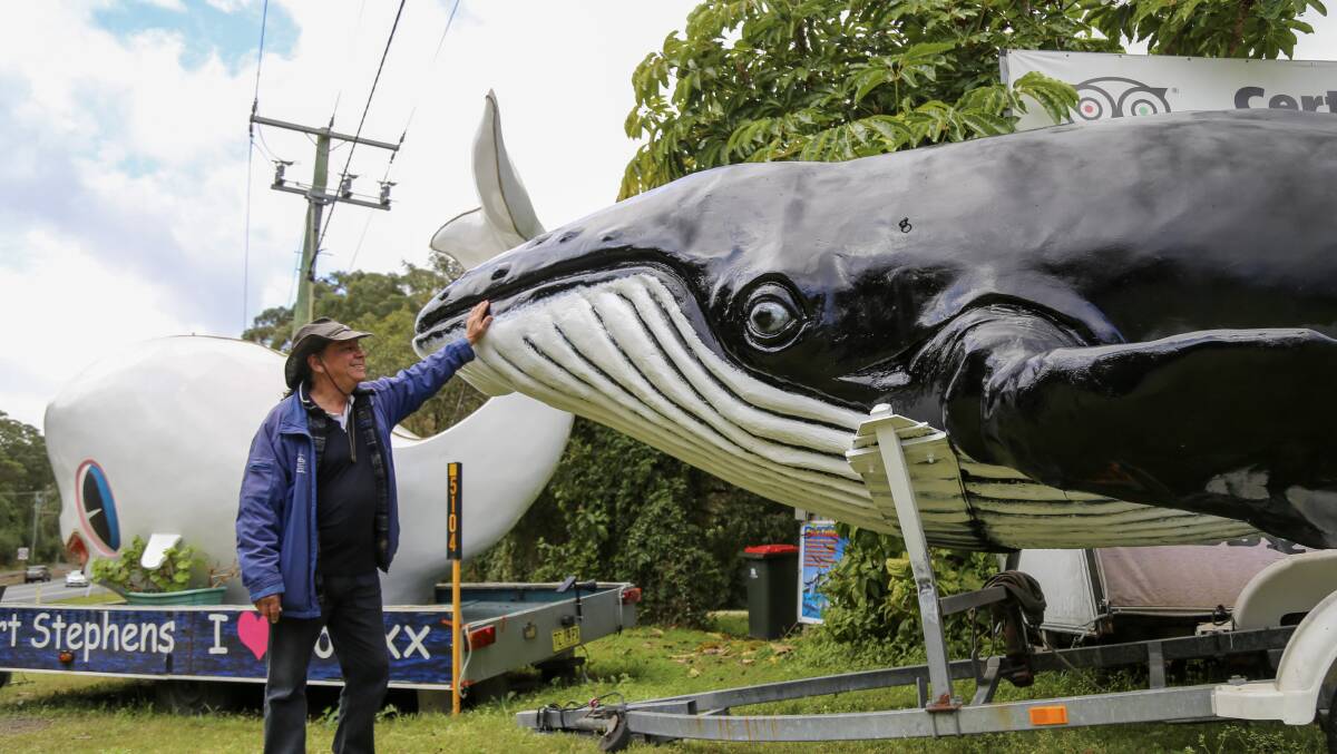 TEACHING TOOL: Marine Parks Association chairman and Imagine Cruises skipper Frank Future with the fibreglass humpback parked at the entry to Nelson Bay.