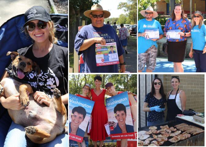 A snapshot of voting day in Port Stephens. Clockwise from left: Vanessa Daugelat (Animal Justice Party) with Dobby the dog at Anna Bay PS, Steve Argent (Labor) at Medowie PS, Jaimie Abbott and campaigners (Liberal) at Wirreanda PS, Wendy McEvilly and Kai Jones from Tomaree Public School P&C and Kate Washington and supporters (Labor) at Medowie PS.