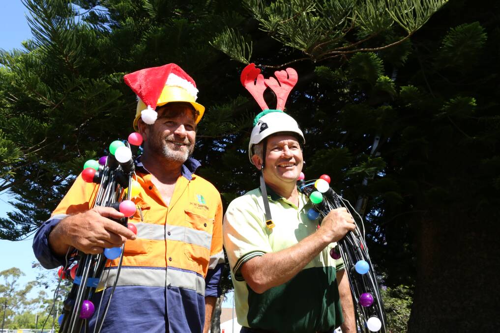 ALL IS BRIGHT: Port Stephens Council electrician Jamie Kemp with Dwayne Hopper, who annually installs the Christmas lights, under the Raymond Terrace Norfolk pine tree in 2018.