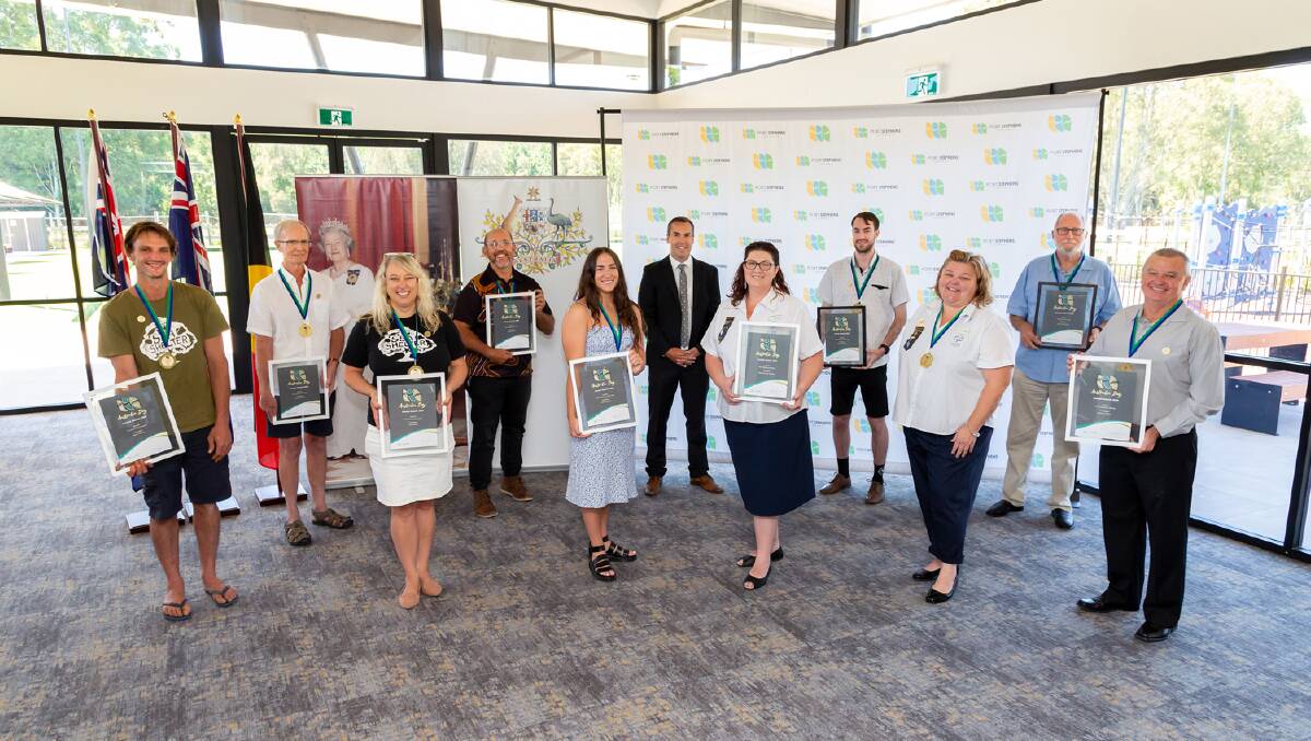 LOCAL HEROES: The 2020 Annual Award recipients with Mayor Ryan Palmer (centre) at Medowie Social on Australia Day. Picture: Supplied