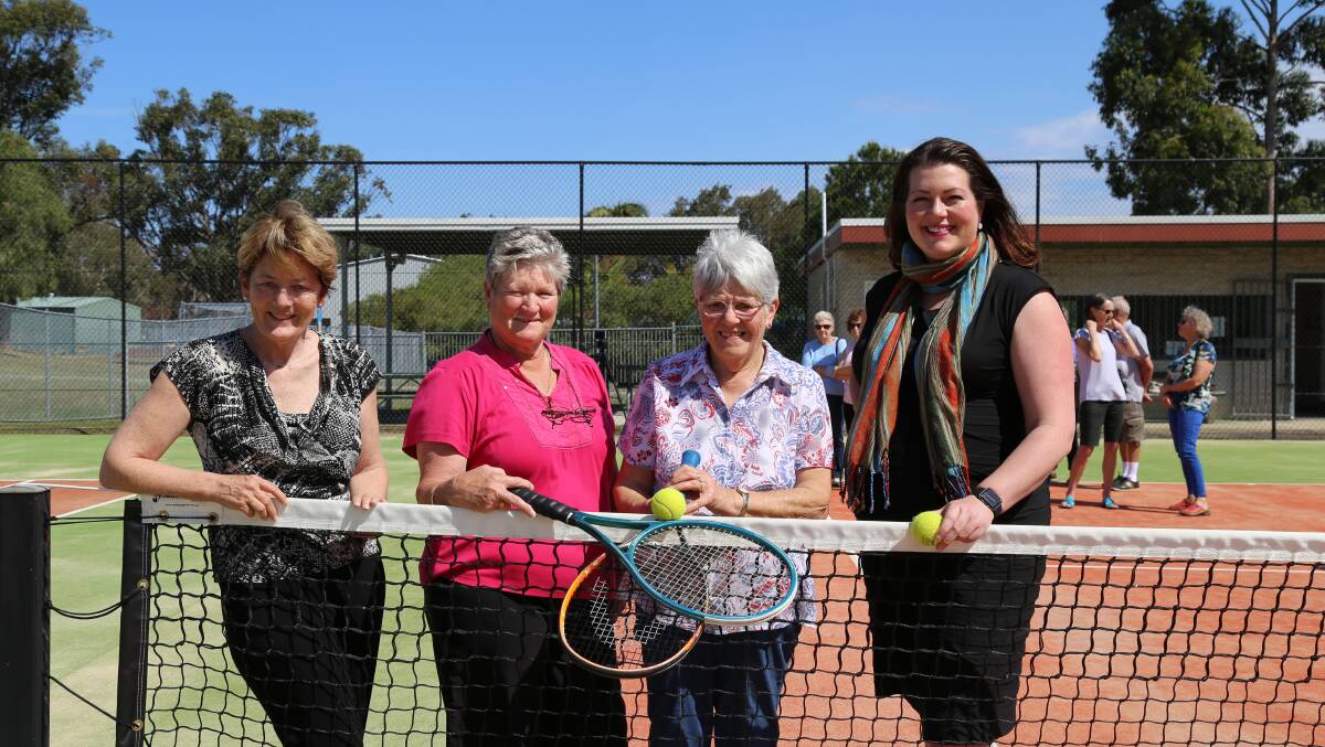 Catherine Cusack MLC, Tilligerry Tennis Club president Linda Van Eldik and secretary Ruth Hack, Port Stephens councillor and Liberal candidate Jaimie Abbott at Mallabula on Friday, September 28. Picture: Ellie-Marie Watts