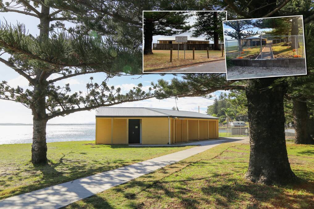 The upgraded amenities block on Tomaree Headland that are now open. Inset images show the the old, boarded up loos and upgrade works.