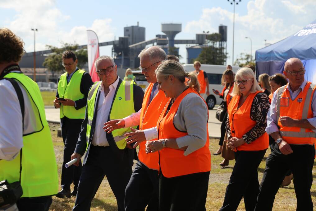 Prime Minister Scott Morrison at Tomago on Thursday where he visited the site of lithium-ion battery manufacturer Energy Renaissance's soon-to-be-built $28 million facility. Pictures: Ellie-Marie Watts