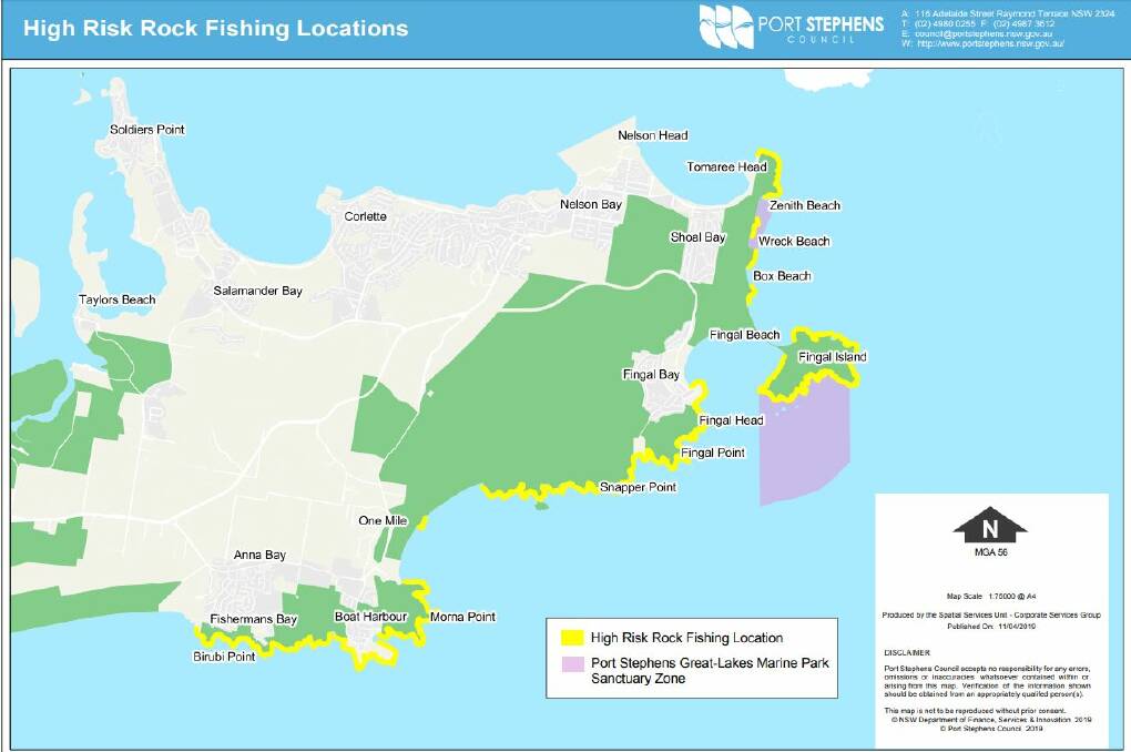 Yellow indicates the high risk rock fishing locations in Port Stephens.
