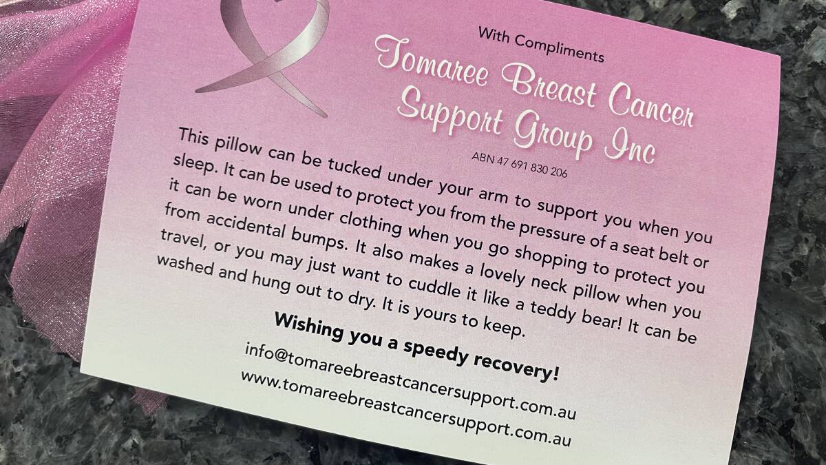 The note a patient receives when gifted a satin pillow by the Tomaree Breast Cancer Support Group.