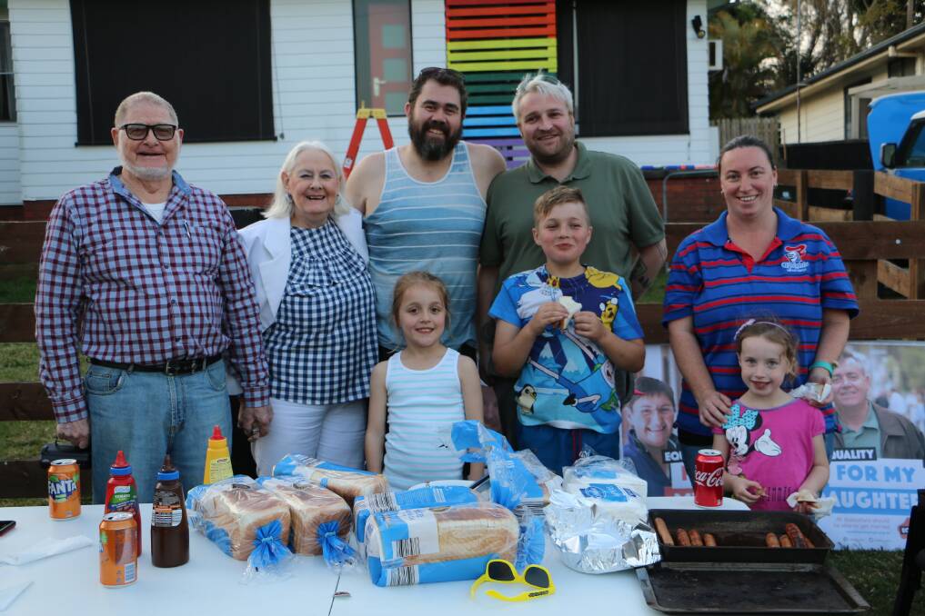 SUPPORT: Alan Spence, Joy Spence, Chris Baguley, Scott Dunn, Rebecca Barnes with (front) Ivy Brewer-Dunn, 6, Miles Brewer-Dunn, 10, and Maddison Barnes, 5, at the equality barbecue on Friday.