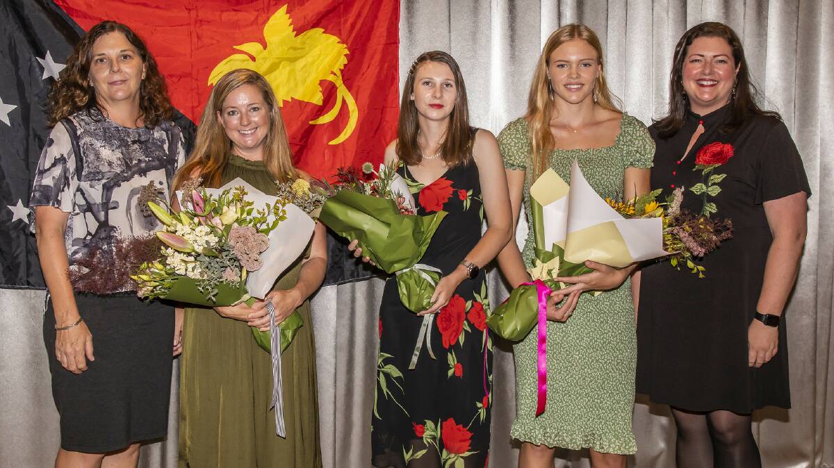 APPLY NOW: Port Stephens councillors Sarah Smith and Jaimie Abbott with 2020 International Women's Day scholarship recipients (centre, from left) Chontelle Grecian, Asha Larkin and Grace Hewitt. Picture: Henk Tobbe