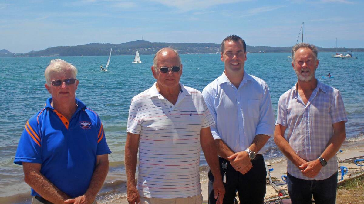 Peter Malloch, Vice Commodore PSSAC, Bill Haskell, Commodore PSYC, Ryan Palmer Port Stephens Mayor and Steve Race, Commodore NCYC, at the announcement of the RS Aero national and world titles in Port Stephens. Picture: Simon Macs