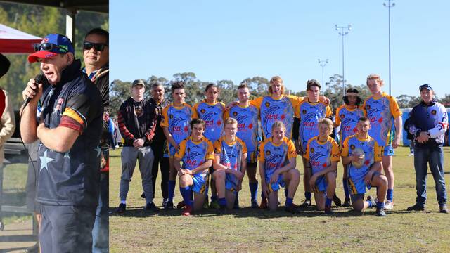 Left is Tony Townsend addressing participants of the 2018 Port Stephens NAIDOC Touch Football Tournament. Right is Townsend pictured with the Worimi boys team he coached as part of the 2019 PCYC Nations of Origin rugby league tournament. Pictures: Ellie-Marie Watts