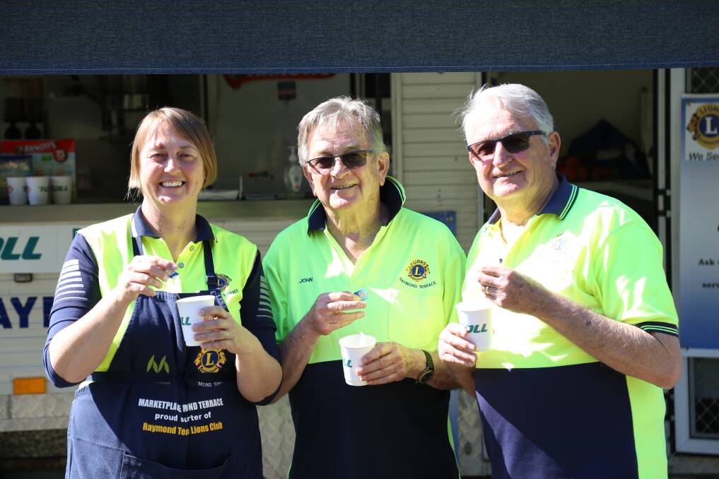 STOP IN: Raymond Terrace Lions Club president Kate Moore with John Howard and Rob Findley OAM at the Twelve Mile Rest Stop Driver Reviver. The site will be open between October 3 and 4. Picture: Ellie-Marie Watts