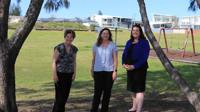 Deputy Mayor Sarah Smith (centre) with Catherine Cusack MLC (left) and Jaimie Abbott (right) at Robinson Reserve, Anna Bay.