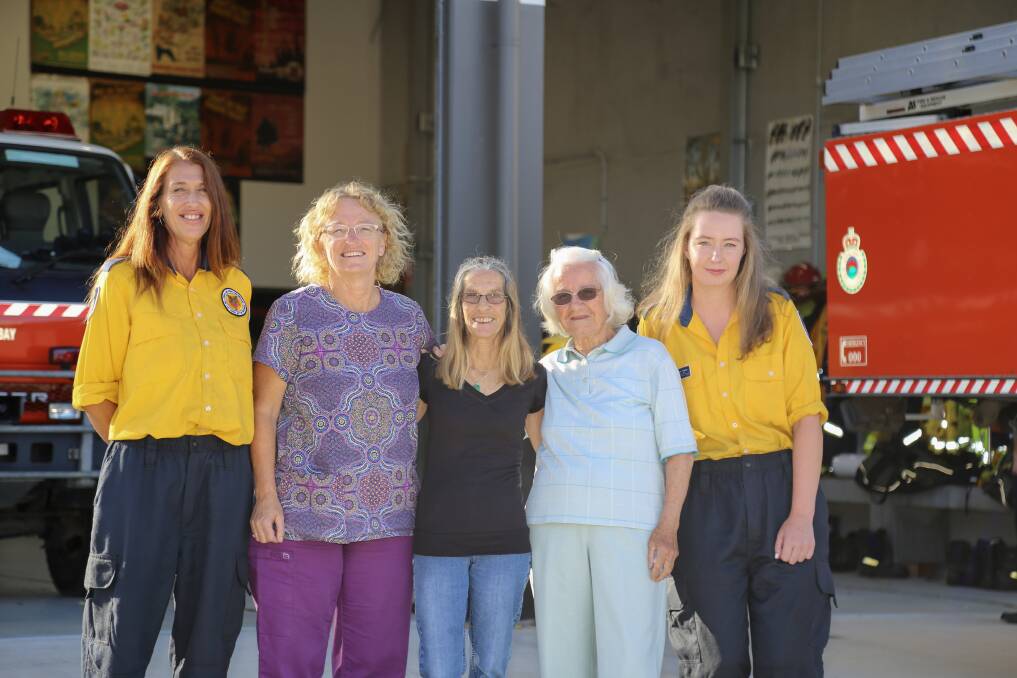 Current and former Fingal Bay Rural Fire Brigade members, from left, Cas Schmitzer, Kerrin Millington, Sandy Nunn, Vera Sosso, Kaitlyn Taylor. Picture: Ellie-Marie Watts