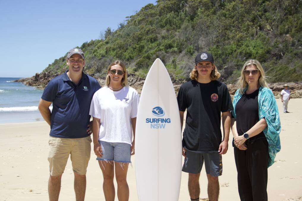 Mayor Ryan Palmer with Port Stephens surfers Jasmine Sampson and Jimmi Hill, and Port Stephens Council's events and place activation team leader Kate Connor. Picture by Claudia Haworth