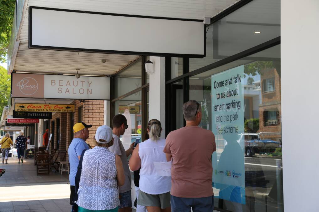 People lined up outside of a smart parking pop-up shop in Donald Street, Nelson Bay on December 4. Picture: Ellie-Marie Watts