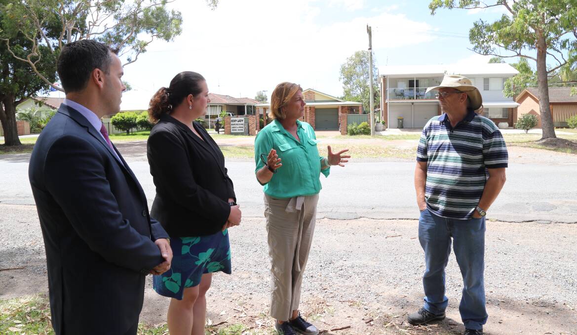 Liberal candidate Jaimie Abbott was joined by the Minister for Roads, Melinda Pavey, Port Stephens Mayor Ryan Palmer and duty MLC Catherine Cusack in Tanilba Bay on Monday for a roads announcement. Picture: Ellie-Marie Watts