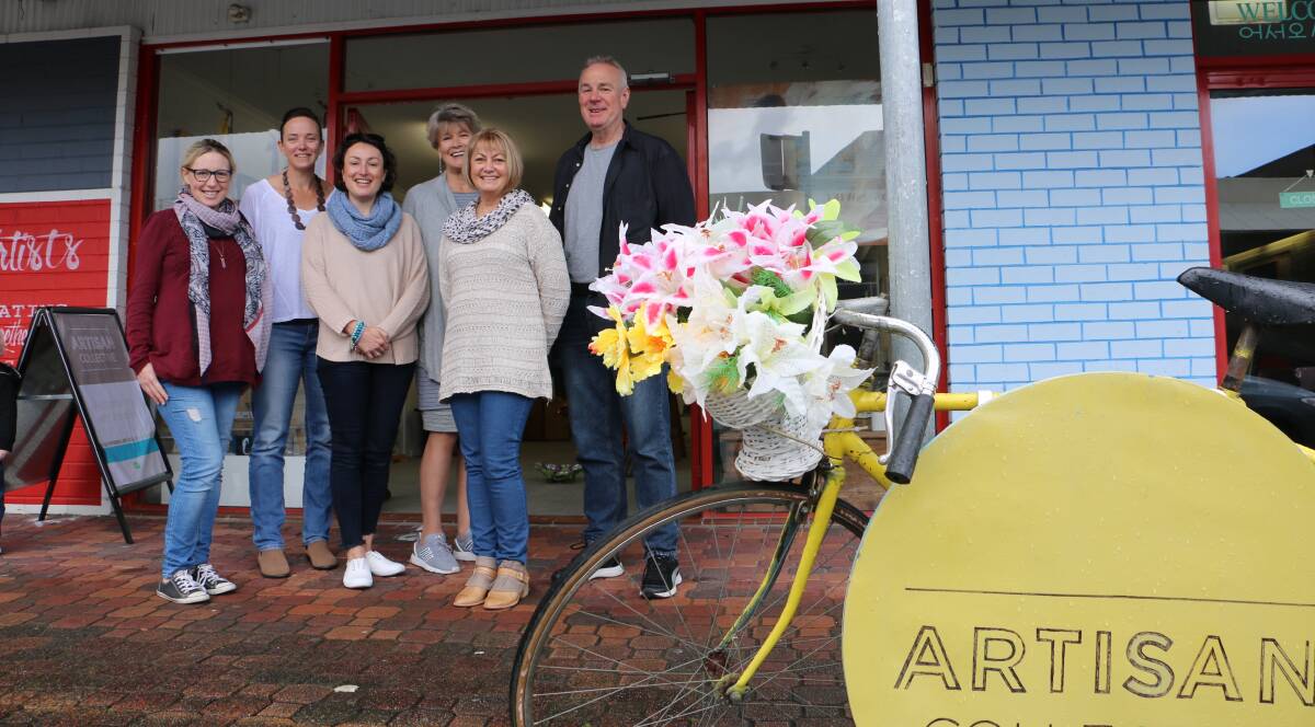 Liz Oldmeadow, Anna Webster, Janet Mackintosh, Joanna Johnston, Ileana Clarke and Peter Masters at the Port Stephens Artisan Collective's Magnus Street space in August. Picture: Ellie-Marie Watts