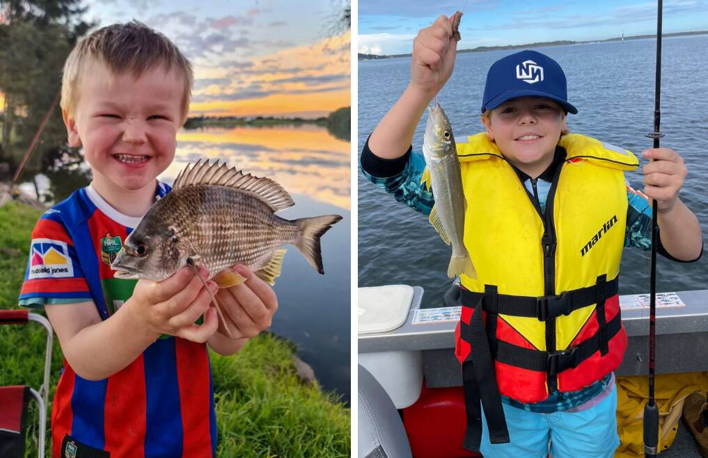 YOUNG FISHOS: Cooper Parrott with his first fish, a monster Myall river bream. Right, Ruby Young with her first Soldiers Point whiting, caught with her new fishing reel.