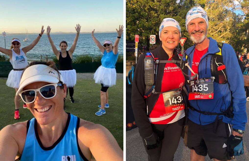 GET SET: Right, Tomaree Road Runners during last year's Run Against Violence virtual team challenge. They have signed up again this year. Left is Tracey and David Pass from this year's Are We There Yet team.