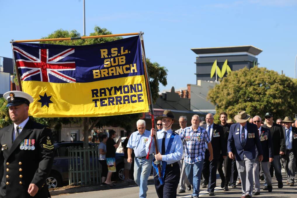 NOT ON THIS YEAR: Raymond Terrace Anzac Day marchers in 2019. The march will not go ahead this year, but services will.