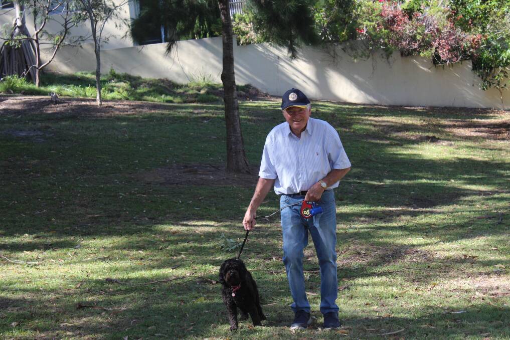 ACTIVE: Peter Smith with his caboodle Pepper at Soldiers Point's Lancaster Park, soon to be turned into an off-leash dog park.