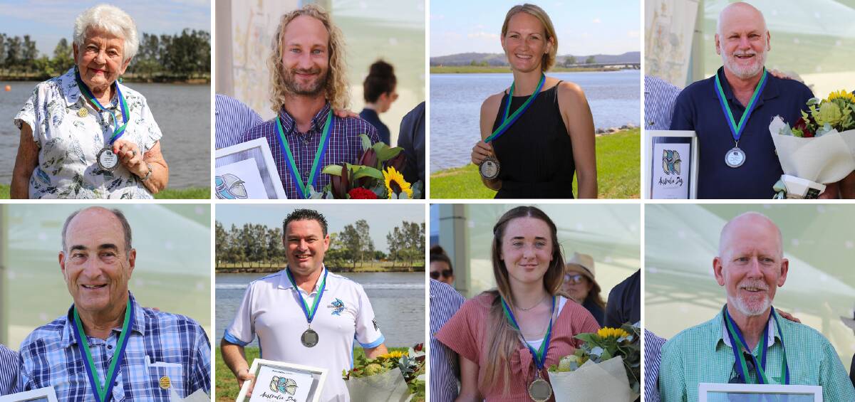 2019 Port Stephens Annual Award winners, from top left, Lorraine Nicol, Rhys Fabris, Alicia Cameron, Steve Jones, Kenyon Windeyer, Dion Cooper, Tasmyn Fellows, 17, and Nigel Waters.