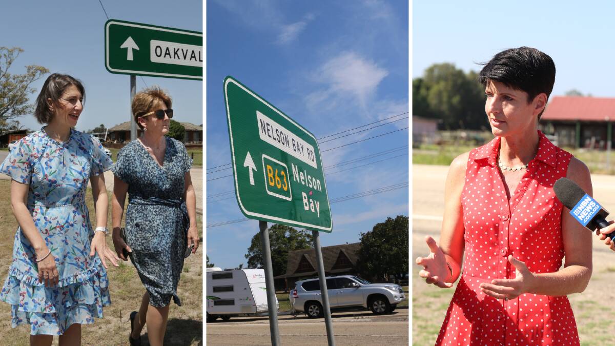DUPLICATE: NSW Premier Gladys Berejiklian with Catherine Cusack and, right, Port MP Kate Washington along Nelson Bay Road in 2019.