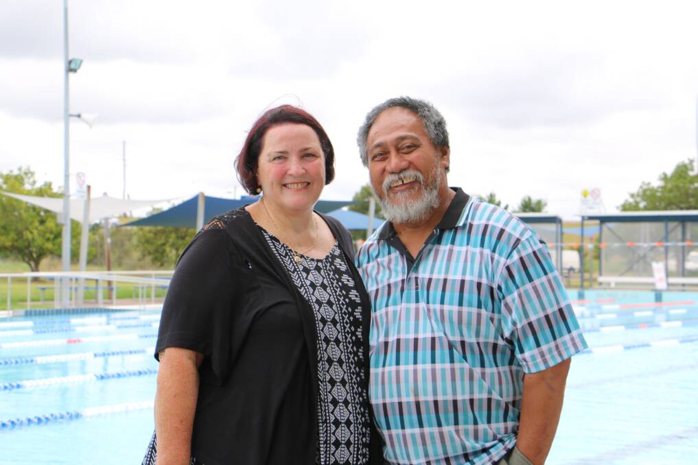EMOTIONAL: Catherine Ta'avale with husband Iosefa Ta'avale at Lakeside Leisure Centre in Raymond Terrace. On Friday, the pair thanked the people responsible for saving Mrs Ta'avale's life at the pool two years ago. Picture: Ellie-Marie Watts