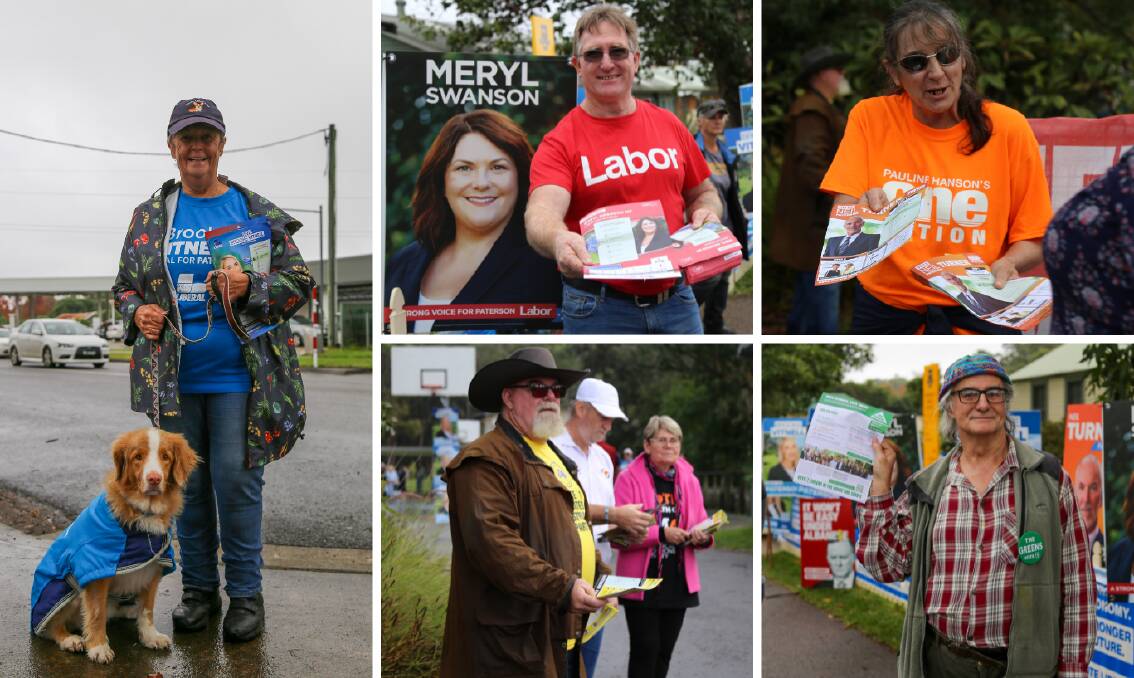 Volunteers who handed out how to vote cards in Medowie on Election Day (May 21): Liz Raymond and Nugget for Liberal, Des Maslen for Labor, Annette Mason for One Nation, Jim Keane for United Australia Party and Michael Collins for The Greens.
