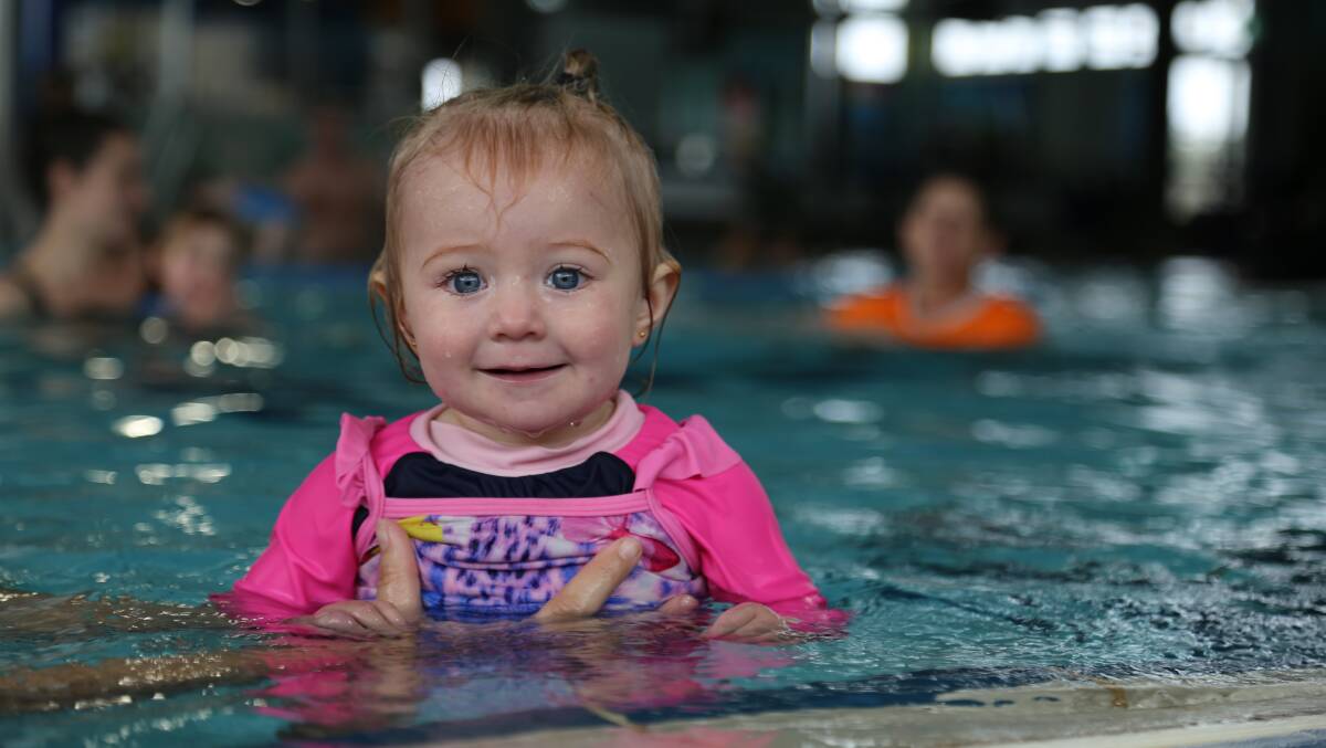 Evelyn Dunn, 1, learning to swim at Lakeside Leisure Centre, Raymond Terrace. Picture: Ellie-Marie Watts