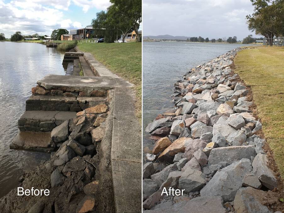 A before and after comparison of the rock wall in Riverside Park, Raymond Terrace. Picture: Port Stephens Council