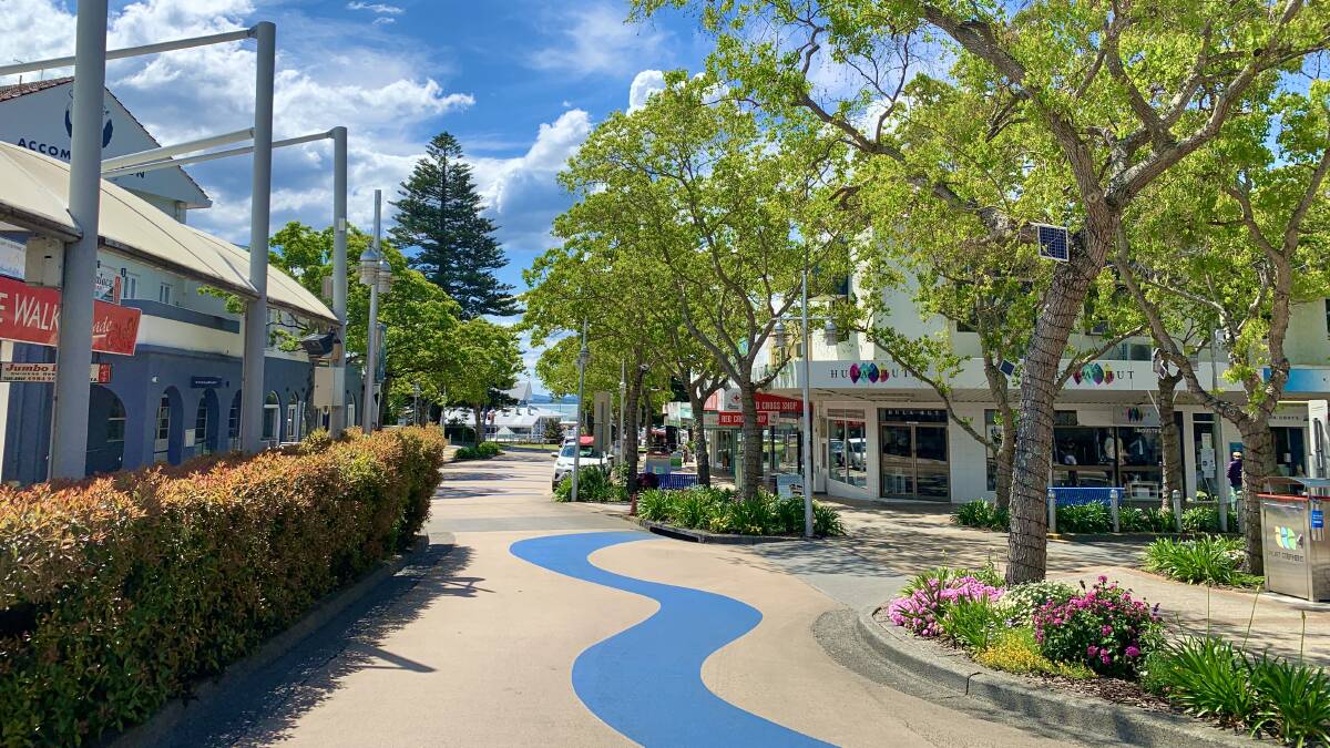 READY TO REOPEN: A quiet but vibrant Stockton Street in the Nelson Bay CBD on Sunday. Picture: Bonita Holmes-Nuu