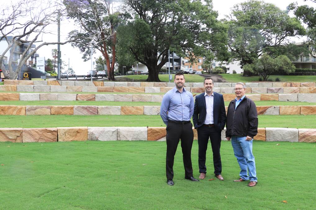 Port Stephens Council's senior community and recreation planning officer Paul Burton with Mayor Ryan Palmer and Tomaree Business Chamber's Peter Clough in Apex Park on Thursday morning, when the fencing came down from around the new amphitheatre. Picture: Port Stephens Council