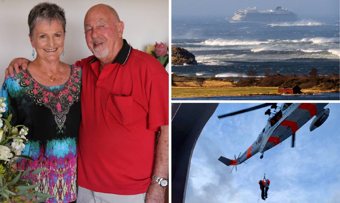 FINALLY HOME: Robyn and Mike Pierpoint at home in Corlette; top right shows the Viking Sky cruise ship drifting in heavy seas off Norway on March 23; bottom right shows passengers being winched off the cruise ship.