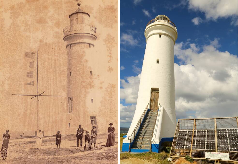THEN AND NOW: The Priest family playing cricket under the Fingal Outerlight in the 1890s. Right is the lighthouse as it appears today.
