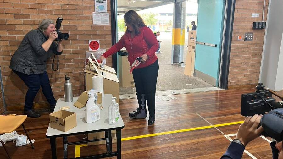Labors Meryl Swanson casting her vote at the Kurri Kurri polling booth on Saturday morning. Picture: Supplied
