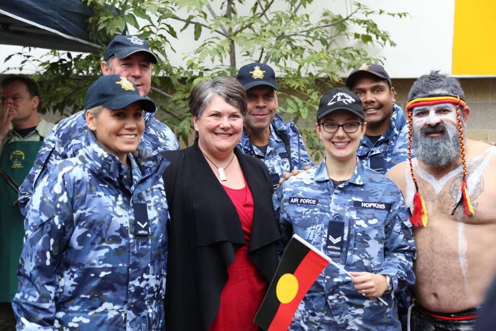 Paterson MP Mery Swanson with members of the RAAF and Worimi man Justin Ridgeway in Raymond Terrace on Monday morning. Picture: Ellie-Marie Watts