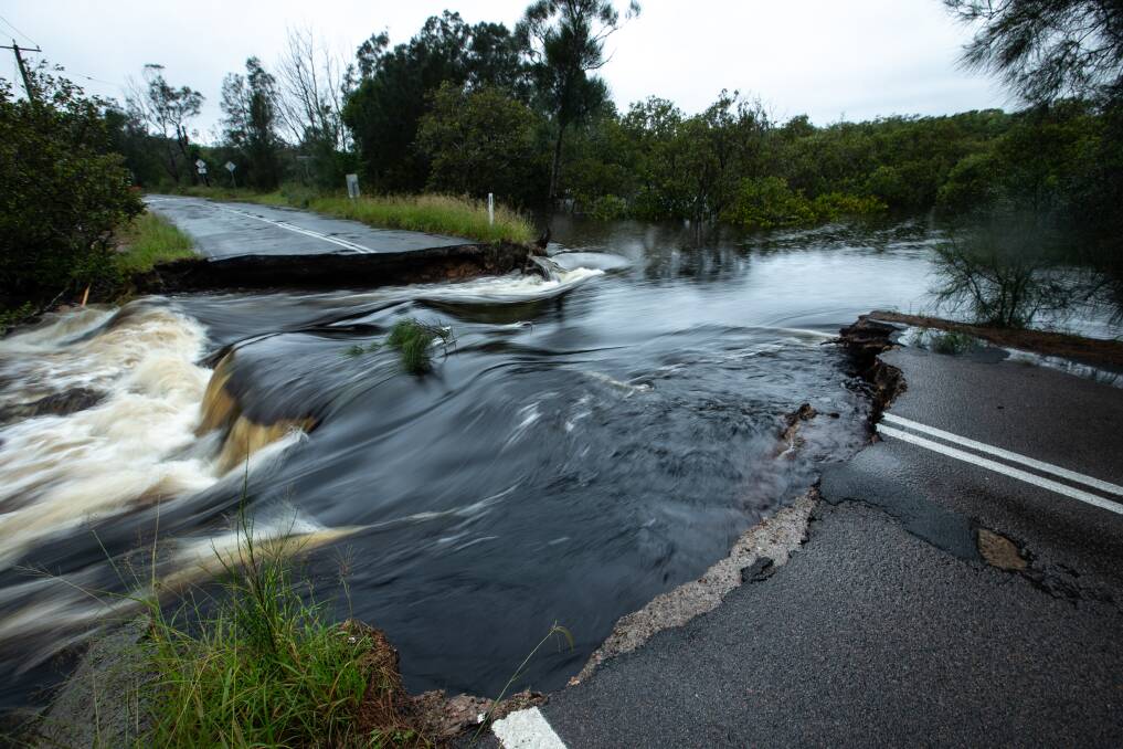 The culvert along Foreshore Drive, Corlette collapsed due to significant rain in March 2021. Picture: Newcastle Herald/Marina Neil