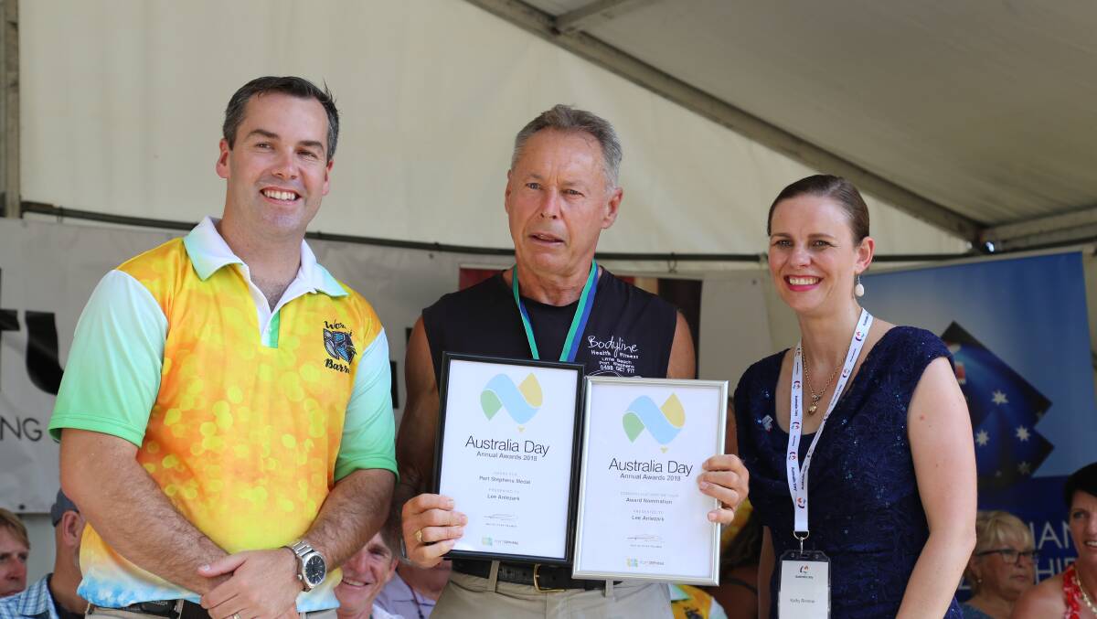 Port Stephens Mayor Ryan Palmer with Port Stephens Medal recipient Lee Anlezark and Port Stephens Australia Day Ambassador Kathy Rimmer.
