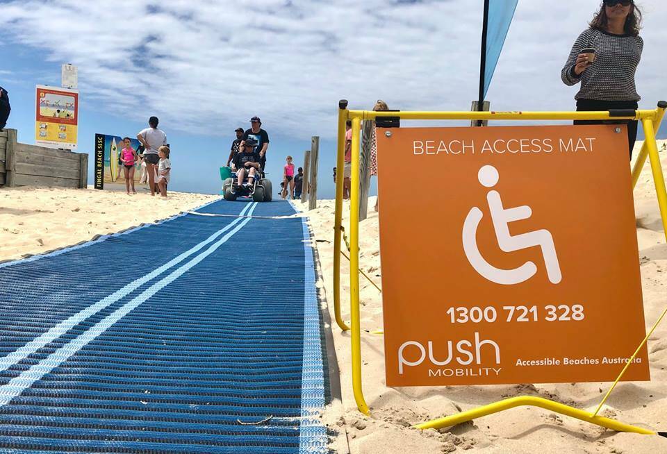 At Fingal Beach on Sunday a Mobi-Mat, Davinci chair and the Mobi-Chair Floating Wheelchair, donated to Port Stephens Council by Ability Links, was on show at Fingal Beach.