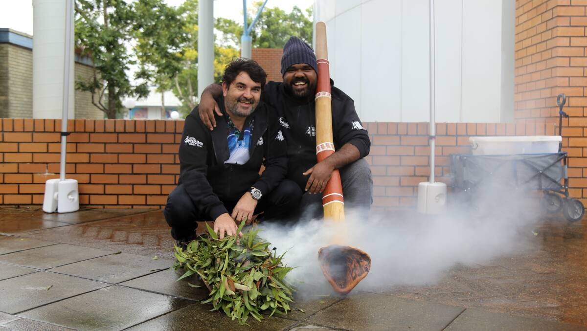 CULTURE: Justin Ridgeway and John Schultz from Murrook Culture Centre at the NAIDOC flag raising and smoking ceremony in Raymond Terrace on Tuesday, July 5.