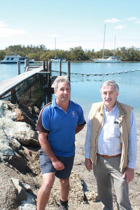 END OF AN ERA: Mike Colecliff pictured with Cr Steve Tucker in 2015 at the Lemon Tree Passage foreshore.