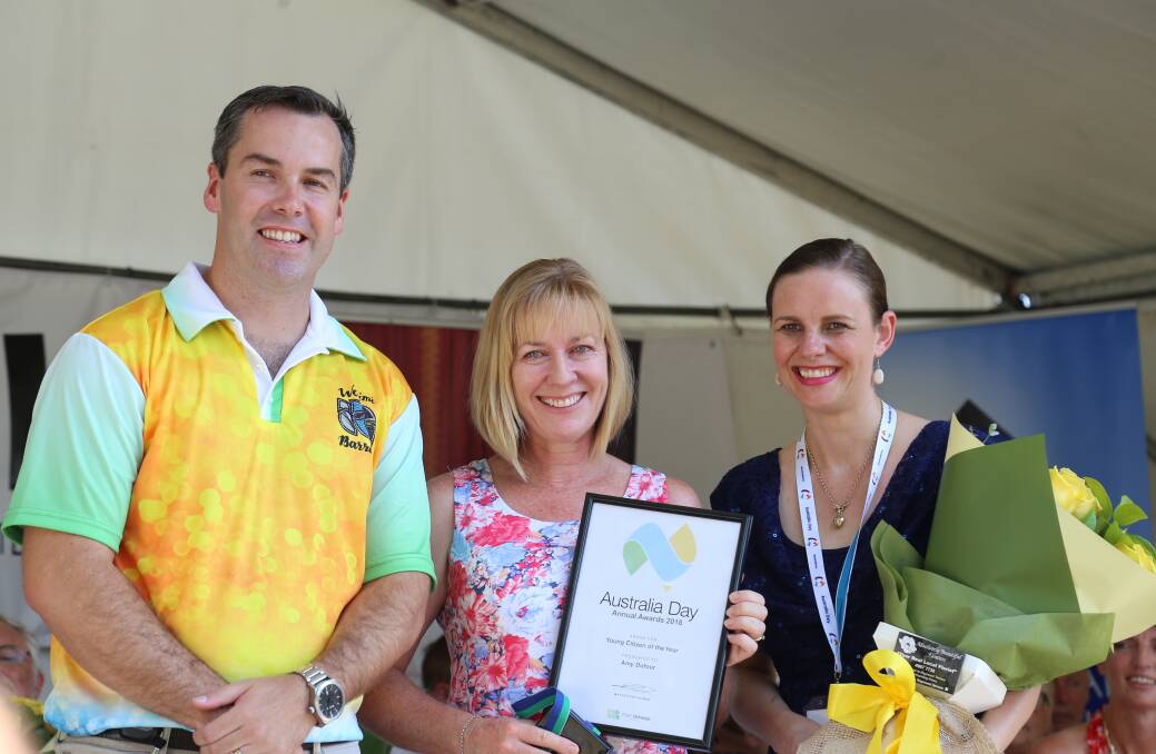 Port Stephens Mayor Ryan Palmer with Shireen Dufour, accpting 2018 Young Citizen of the Year on behalf of her daughter, Amy Dufour, and Port Stephens Australia Day Ambassador Kathy Rimmer.