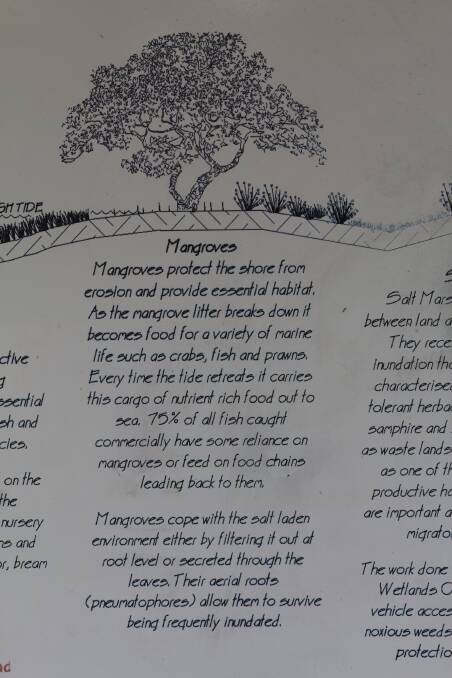 Information on mangroves outlined on a board in the Mambo Wetlands in Salamander Bay.