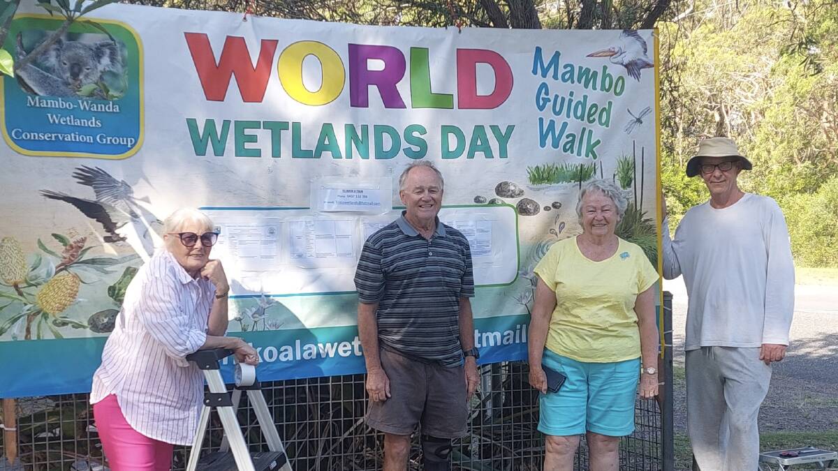 Preparing for the Mambo Walks in February are Irene Jones, Malcolm, Marion and Guy. The team has put up signs for the mambo Walks in Boronia Reserve, Salamander Bay, opposite the Mambo Wetlands.