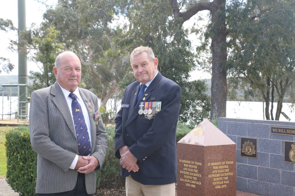 HONOURING THEIR SERVICE: Vietnam War veterans and Karuah RSL Sub-Branch members Mick Young and Peter Fidden at Memorial Park. Picture: Ellie-Marie Watts
