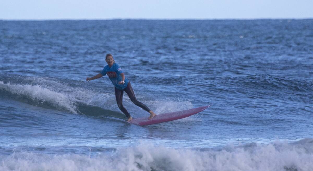 Suellen Goyne in action during the 2021 NSW Longboard State Titles at Birubi Beach on the weekend. Picture: Josh Brown/Surfing NSW