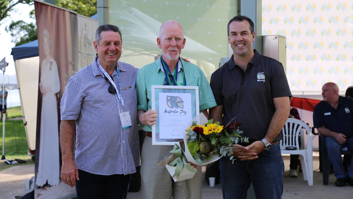 Nigel Waters with 2020 Australia Day ambassador Ron Delezio and Mayor Ryan Palmer. Mr Waters won the inaugural Port Stephens Environmental Citizen of the Year Award during the Australia Day celebrations. Picture: Ellie-Marie Watts